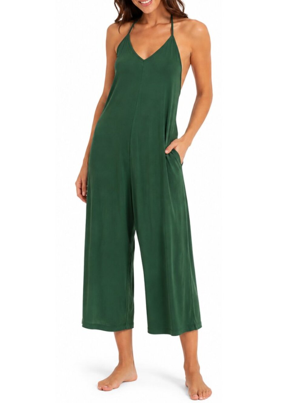 JACKSON ROWE NWT Halter Neck Wide Leg Jumpsuit Green Large Open Back Flowy Soft